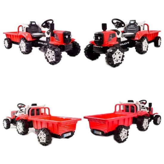 Punane elektritraktor haagisega TRUCK III