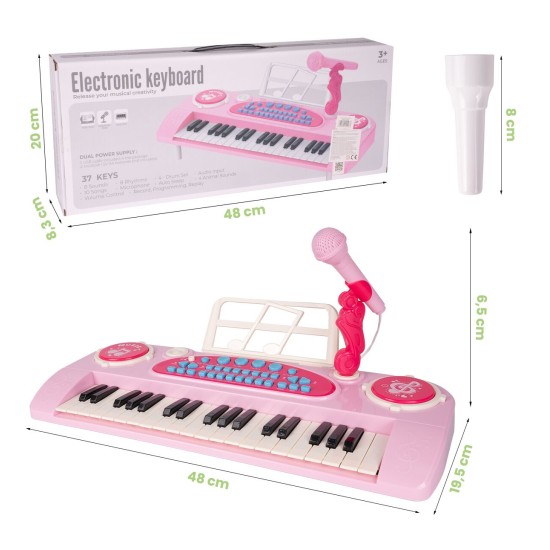 Laste klaver 37 klahvi mikrofoniga, roosa USB, MP3