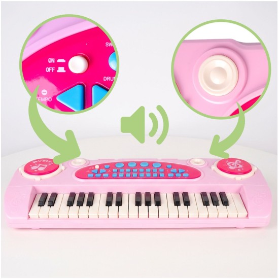 Laste klaver 37 klahvi mikrofoniga, roosa USB, MP3