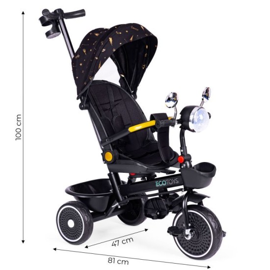 Laste kolmerattaline 2 ühes, pöörlev iste, kokkupandav varikatus, must, ECOTOYS