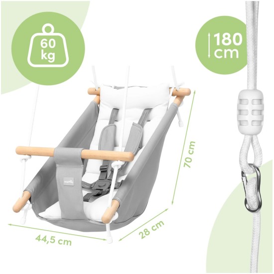 Laste puuvillane kiik patjade ja rihmadega, 12-36 kuud, 60 kg, hall ja valge