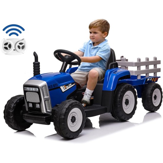 Suur elektriline traktor haagisega, sinine