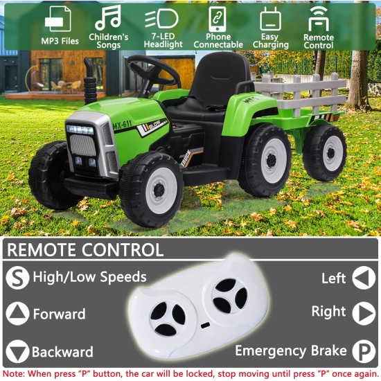 Suur elektriline traktor haagisega, roheline