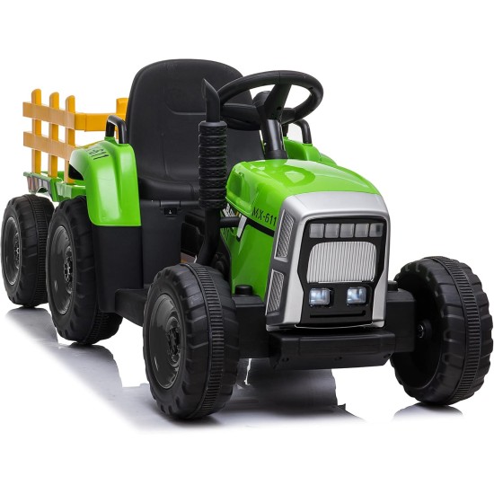 Suur elektriline traktor haagisega, roheline