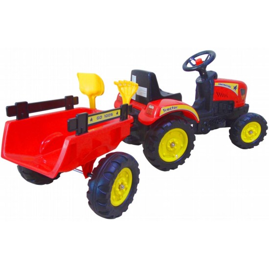 Pedaaliga töötav lastetraktor koos haagise ja lisavarustusega, Red