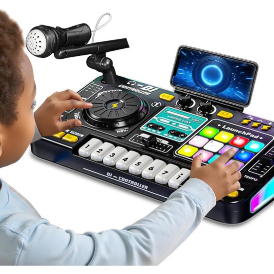 Laste DJ-pult mikrofoniga, klahvpillide, Bluetoothi ja DJ-plaadimängijaga