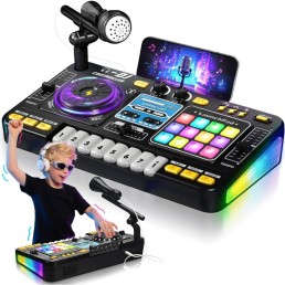 Laste DJ-pult mikrofoniga, klahvpillide, Bluetoothi ja DJ-plaadimängijaga