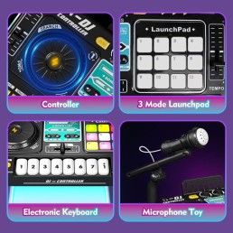 Laste DJ-pult mikrofoniga, klahvpillide, Bluetoothi ja DJ-plaadimängijaga