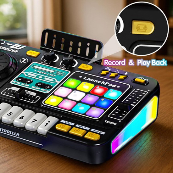 Laste DJ-pult mikrofoniga, klahvpillide, Bluetoothi ja DJ-plaadimängijaga