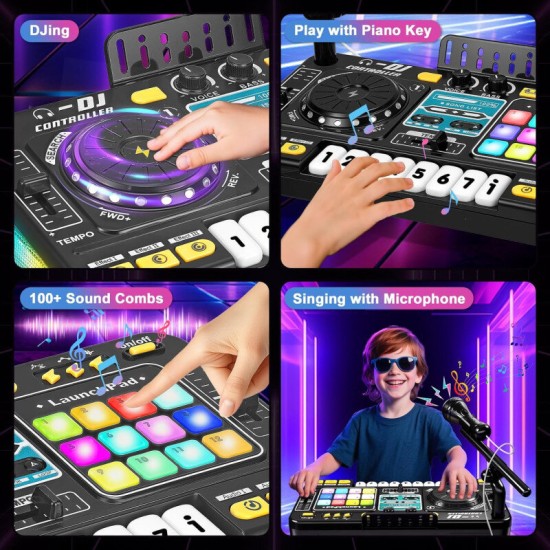 Laste DJ-pult mikrofoniga, klahvpillide, Bluetoothi ja DJ-plaadimängijaga