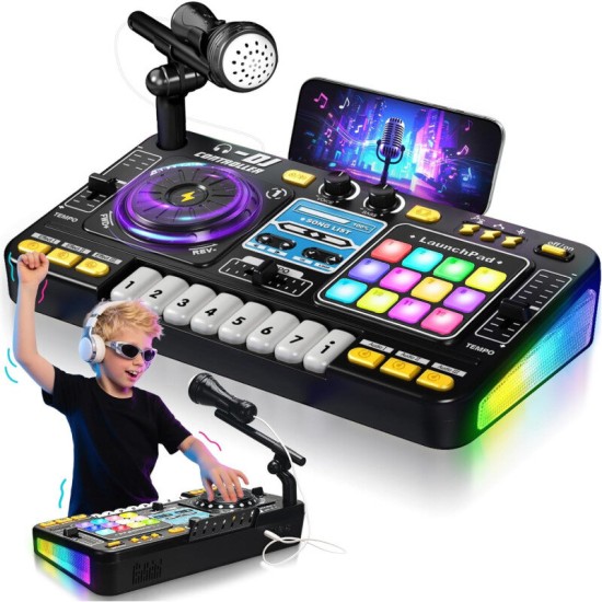 Laste DJ-pult mikrofoniga, klahvpillide, Bluetoothi ja DJ-plaadimängijaga