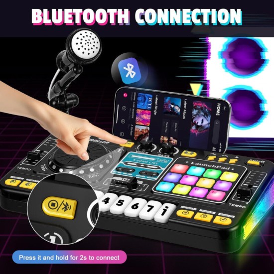 Laste DJ-pult mikrofoniga, klahvpillide, Bluetoothi ja DJ-plaadimängijaga