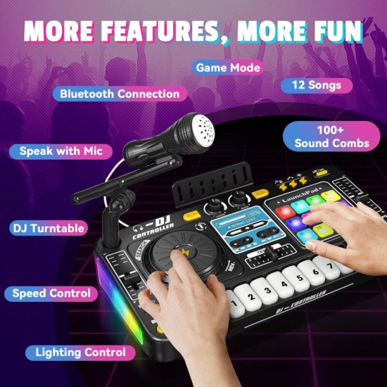 Laste DJ-pult mikrofoniga, klahvpillide, Bluetoothi ja DJ-plaadimängijaga