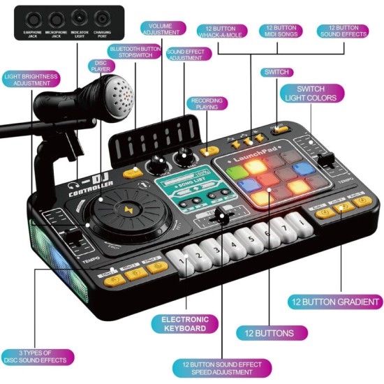 Laste DJ-pult mikrofoniga, klahvpillide, Bluetoothi ja DJ-plaadimängijaga