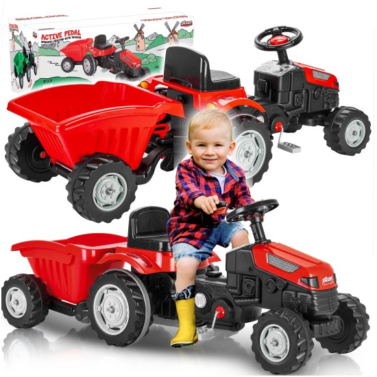Pedaaliga töötav lastetraktor haagisega XXL, punane